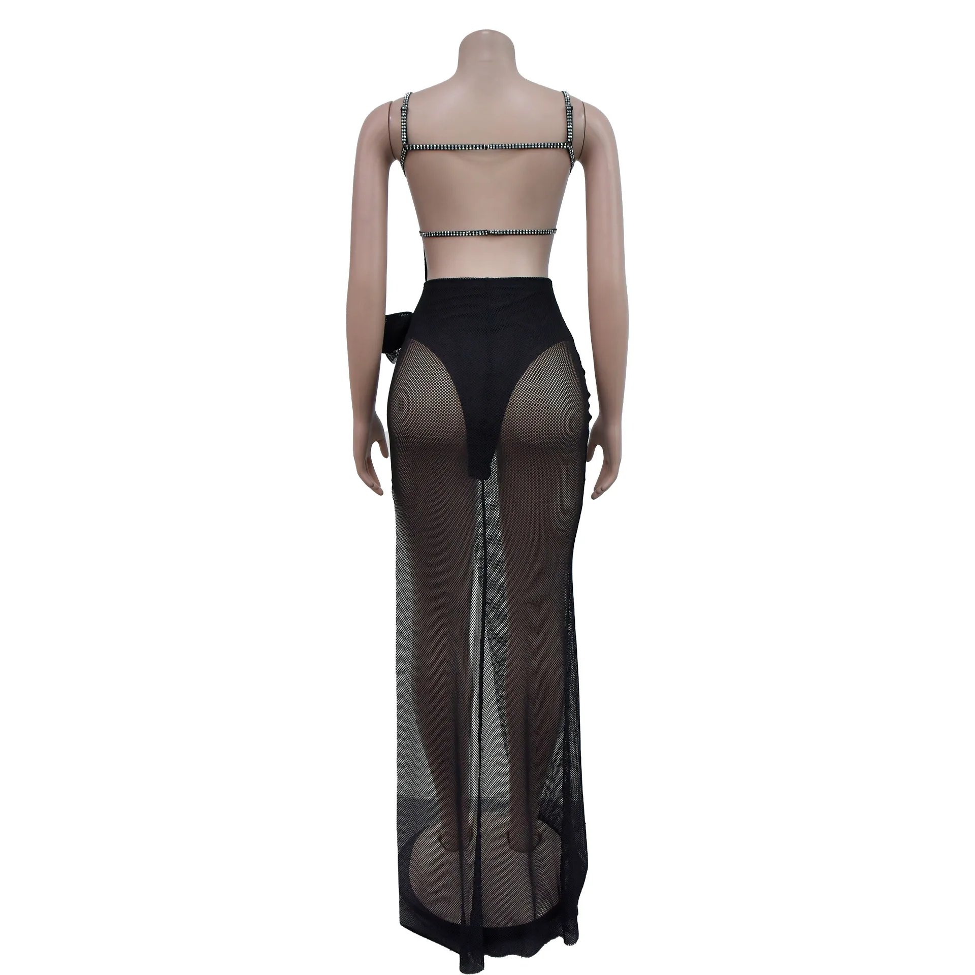 CM.YAYA Women Spaghetti Strap Diamonds Hot Rhinestones High Side Split Mesh Maxi Dress 2024 Sexy Club Even Party Dresses Vestido