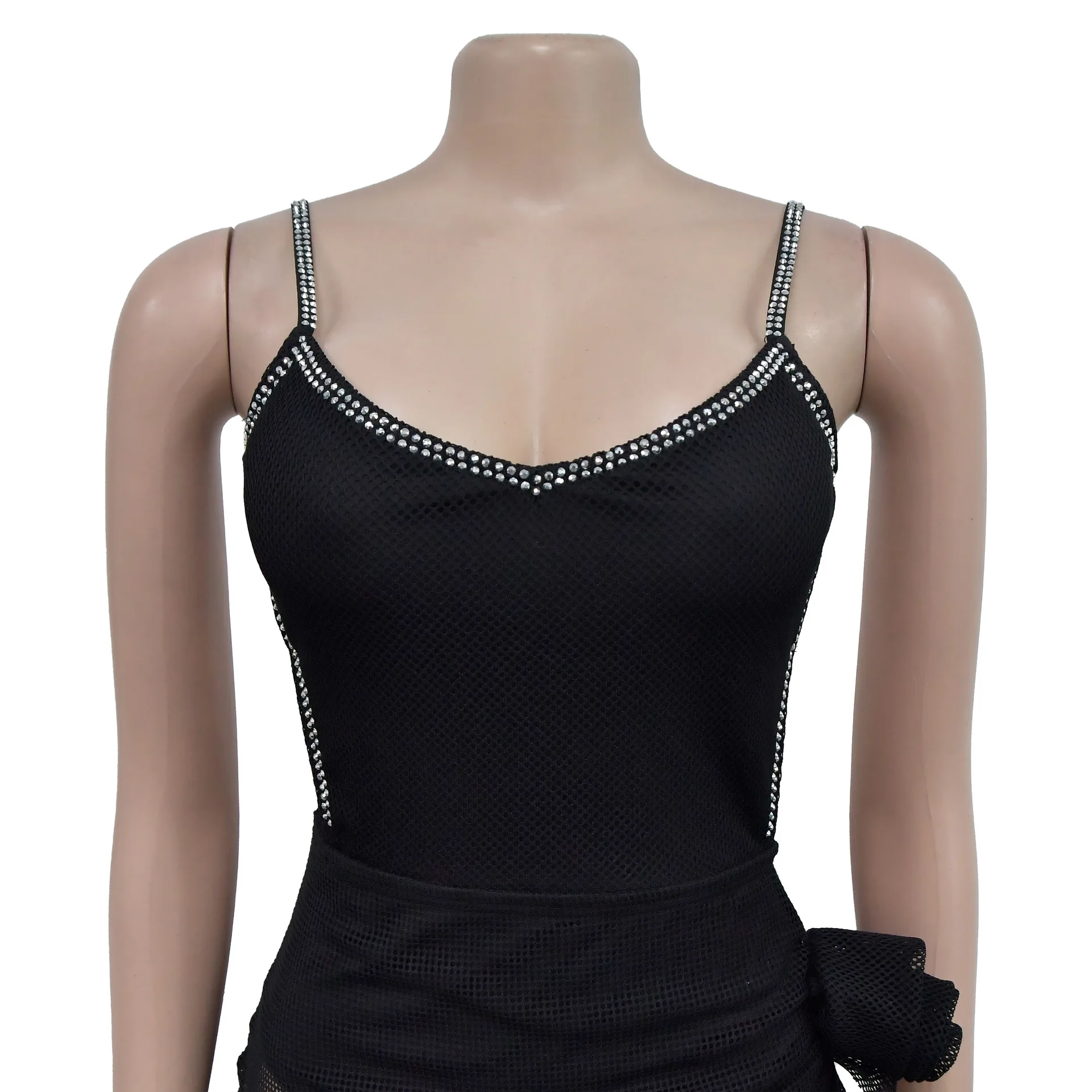 CM.YAYA Women Spaghetti Strap Diamonds Hot Rhinestones High Side Split Mesh Maxi Dress 2024 Sexy Club Even Party Dresses Vestido