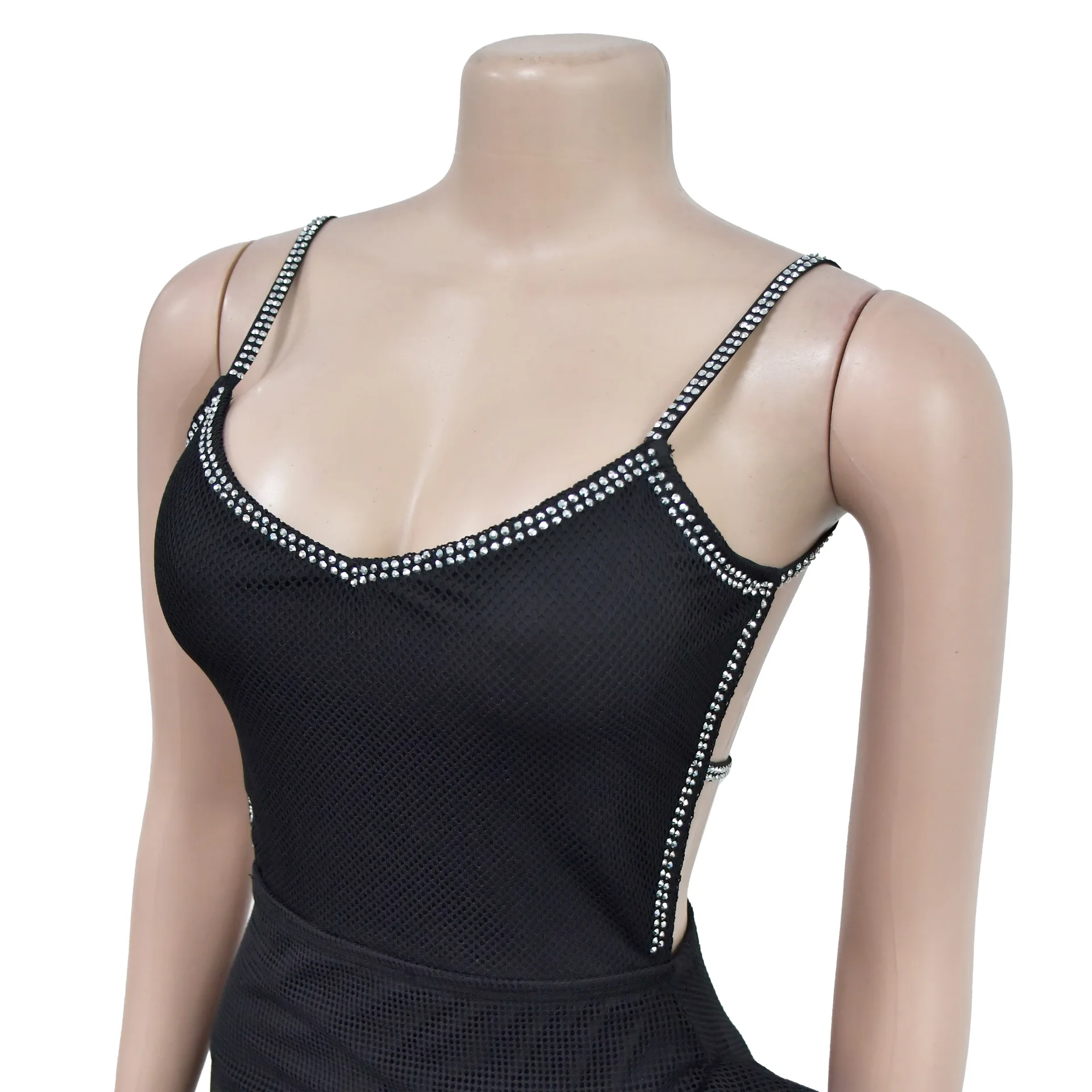 CM.YAYA Women Spaghetti Strap Diamonds Hot Rhinestones High Side Split Mesh Maxi Dress 2024 Sexy Club Even Party Dresses Vestido