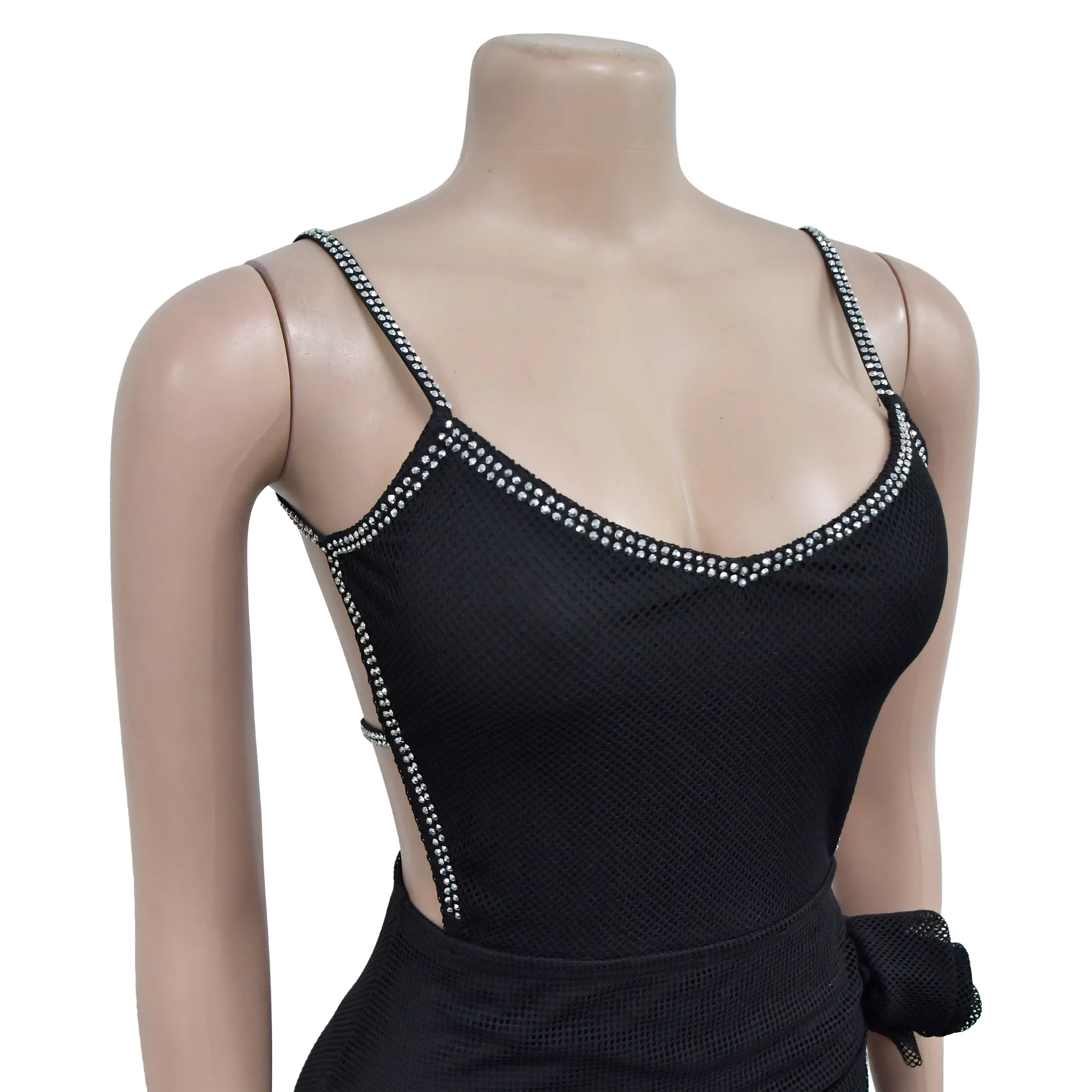 CM.YAYA Women Spaghetti Strap Diamonds Hot Rhinestones High Side Split Mesh Maxi Dress 2024 Sexy Club Even Party Dresses Vestido