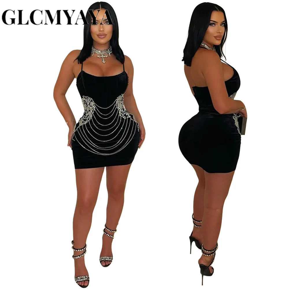 GLCMYAYA Women Strap Sleeveless Diamonds Hot Rhinestones Bodycon Midi Dress 2026 Birthday Vestidos Sexy Party Evening Dresses