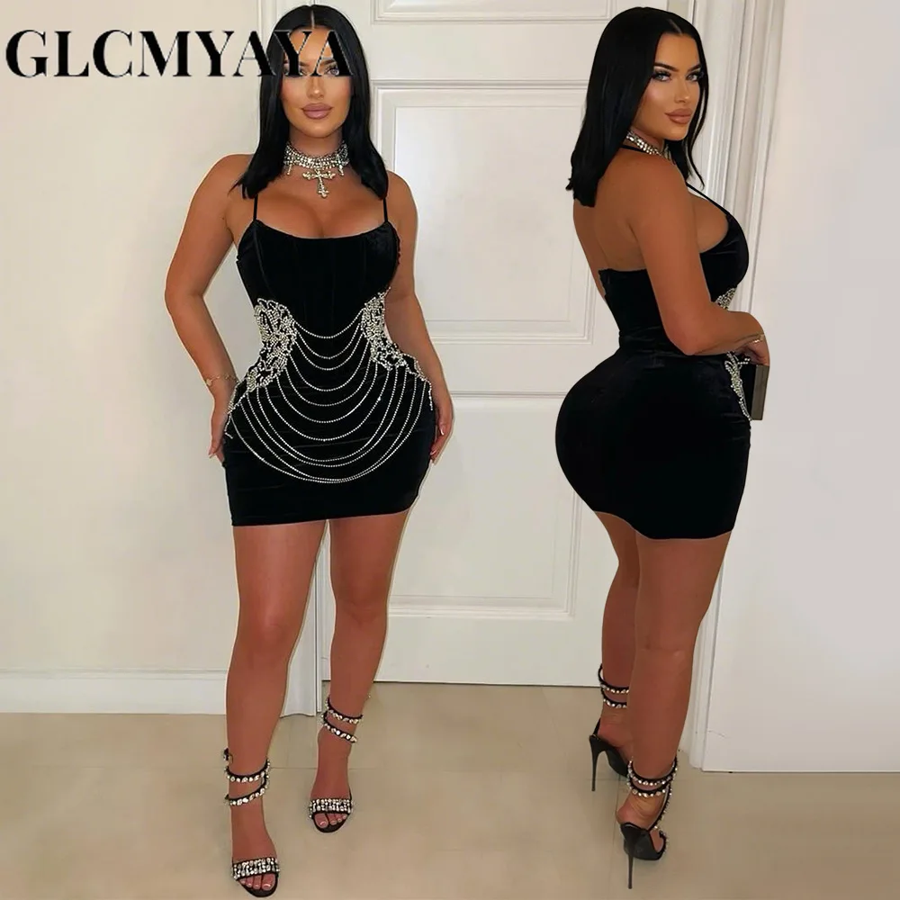GLCMYAYA Women Strap Sleeveless Diamonds Hot Rhinestones Bodycon Midi Dress 2026 Birthday Vestidos Sexy Party Evening Dresses
