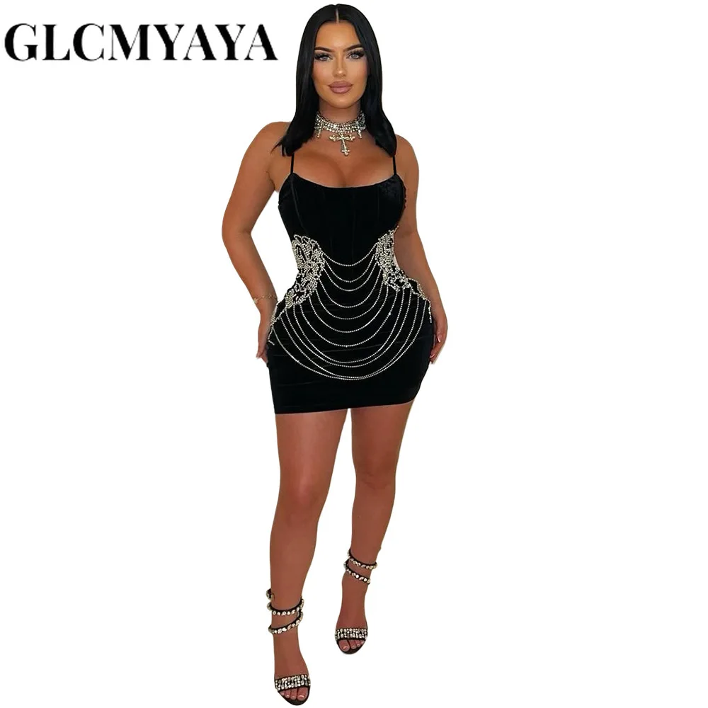 GLCMYAYA Women Strap Sleeveless Diamonds Hot Rhinestones Bodycon Midi Dress 2026 Birthday Vestidos Sexy Party Evening Dresses