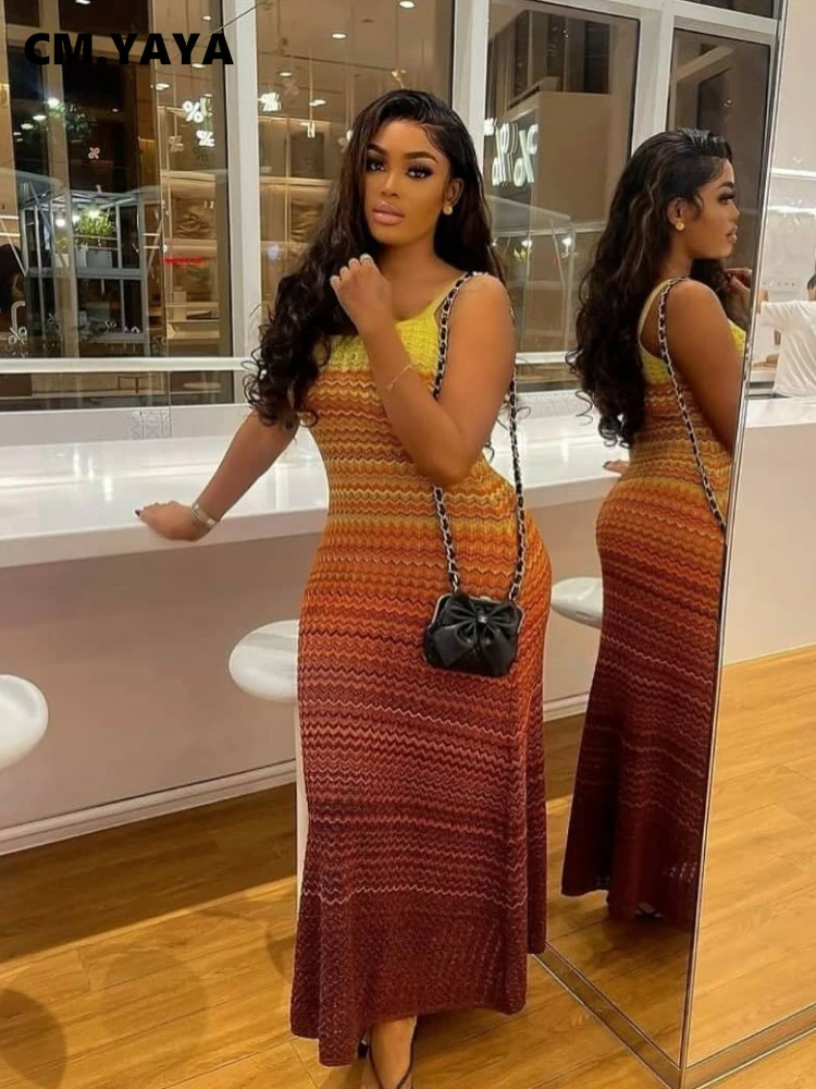 CM.YAYA Women Wave Striped Sleeveless Knit Ribbed Tank Bodycon Midi Long Maxi Dress 2025 Streetwear Fashion Chic Dresses Vestido