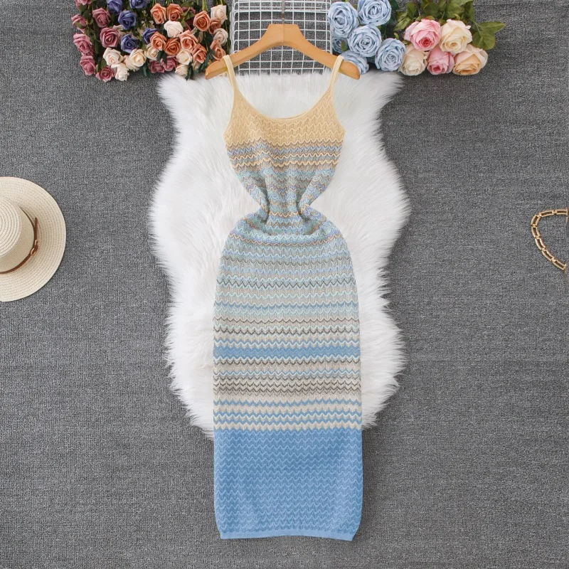CM.YAYA Women Wave Striped Sleeveless Knit Ribbed Tank Bodycon Midi Long Maxi Dress 2025 Streetwear Fashion Chic Dresses Vestido