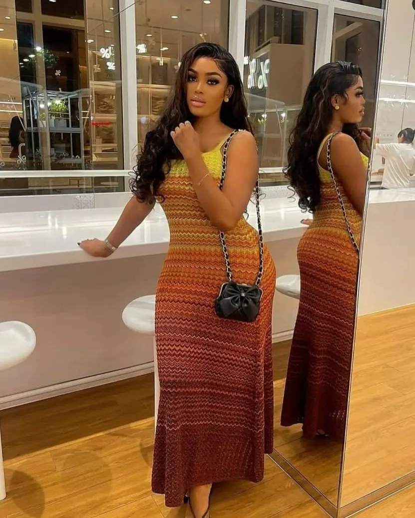 CM.YAYA Women Wave Striped Sleeveless Knit Ribbed Tank Bodycon Midi Long Maxi Dress 2025 Streetwear Fashion Chic Dresses Vestido