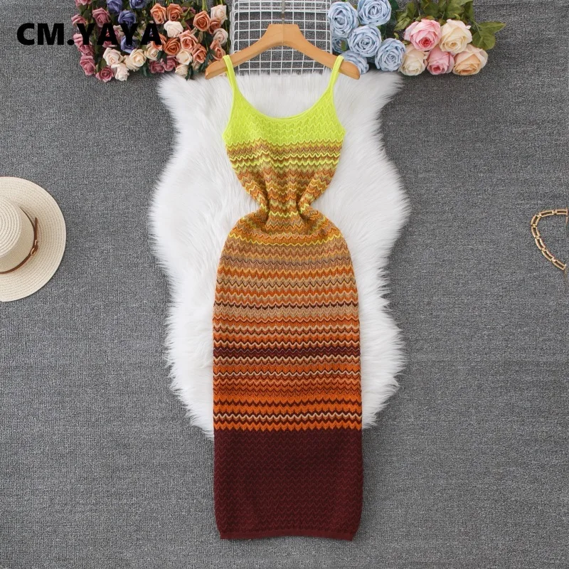 CM.YAYA Women Wave Striped Sleeveless Knit Ribbed Tank Bodycon Midi Long Maxi Dress 2025 Streetwear Fashion Chic Dresses Vestido