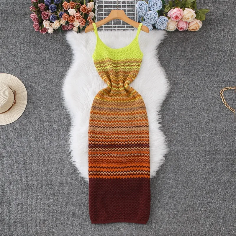CM.YAYA Women Wave Striped Sleeveless Knit Ribbed Tank Bodycon Midi Long Maxi Dress 2025 Streetwear Fashion Chic Dresses Vestido