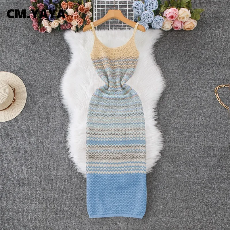 CM.YAYA Women Wave Striped Sleeveless Knit Ribbed Tank Bodycon Midi Long Maxi Dress 2025 Streetwear Fashion Chic Dresses Vestido