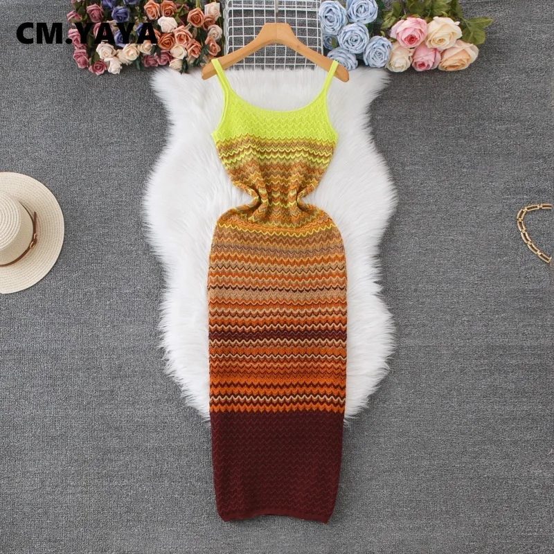 CM.YAYA Women Wave Striped Sleeveless Knit Ribbed Tank Bodycon Midi Long Maxi Dress 2025 Streetwear Fashion Chic Dresses Vestido