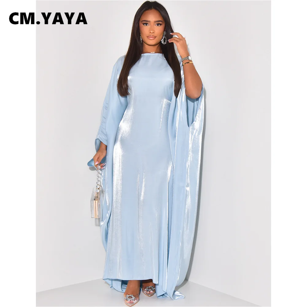 CM.YAYA Women Loose O-neck Full Batwing Sleeve Long Maxi Dress Summer Satin Vintage Africa Streetwear Vestido Evening Dresses