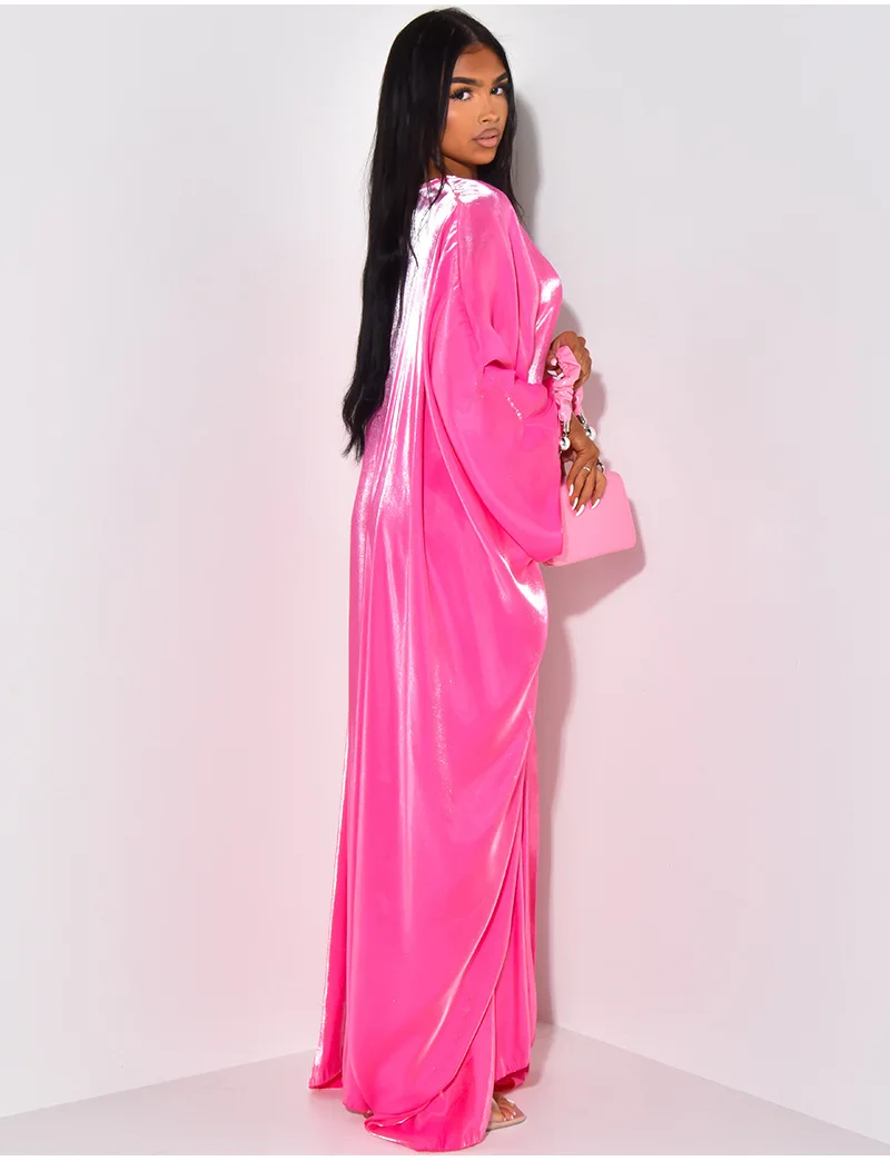 CM.YAYA Women Loose O-neck Full Batwing Sleeve Long Maxi Dress Summer Satin Vintage Africa Streetwear Vestido Evening Dresses