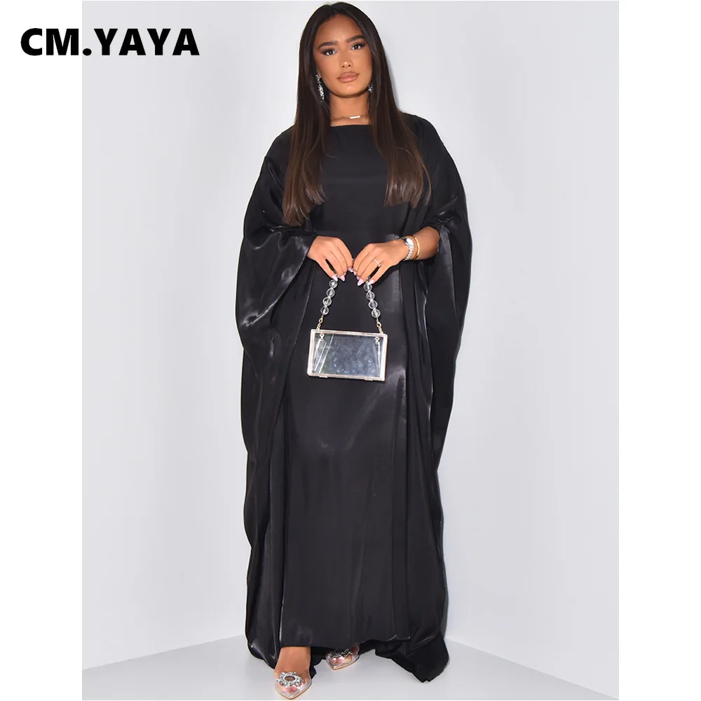 CM.YAYA Women Loose O-neck Full Batwing Sleeve Long Maxi Dress Summer Satin Vintage Africa Streetwear Vestido Evening Dresses