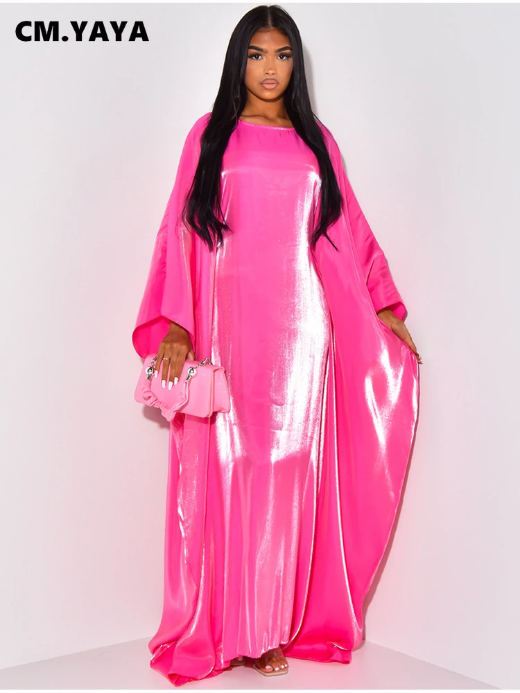 CM.YAYA Women Loose O-neck Full Batwing Sleeve Long Maxi Dress Summer Satin Vintage Africa Streetwear Vestido Evening Dresses