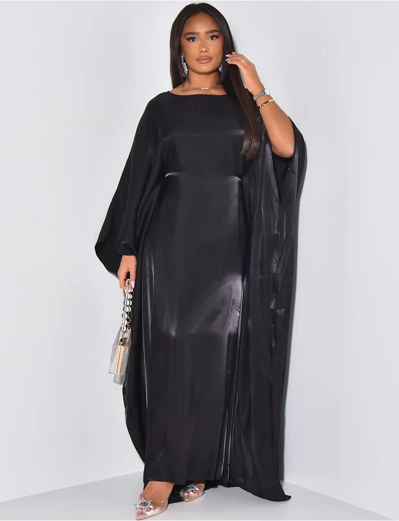 CM.YAYA Women Loose O-neck Full Batwing Sleeve Long Maxi Dress Summer Satin Vintage Africa Streetwear Vestido Evening Dresses
