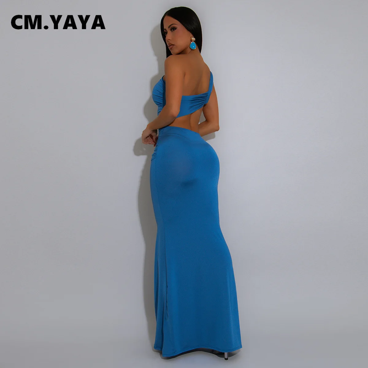 CM.YAYA Women Sleeveless One Shoulder Cutout Waist Streamer Stacked Ruched Long Maxi Dress 2025 Birthday Party Dresses Vestidos