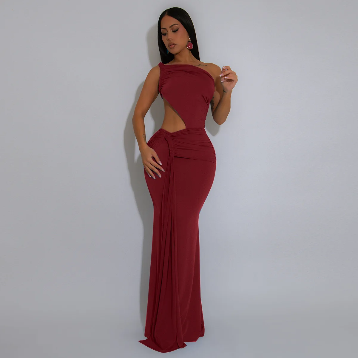 CM.YAYA Women Sleeveless One Shoulder Cutout Waist Streamer Stacked Ruched Long Maxi Dress 2025 Birthday Party Dresses Vestidos