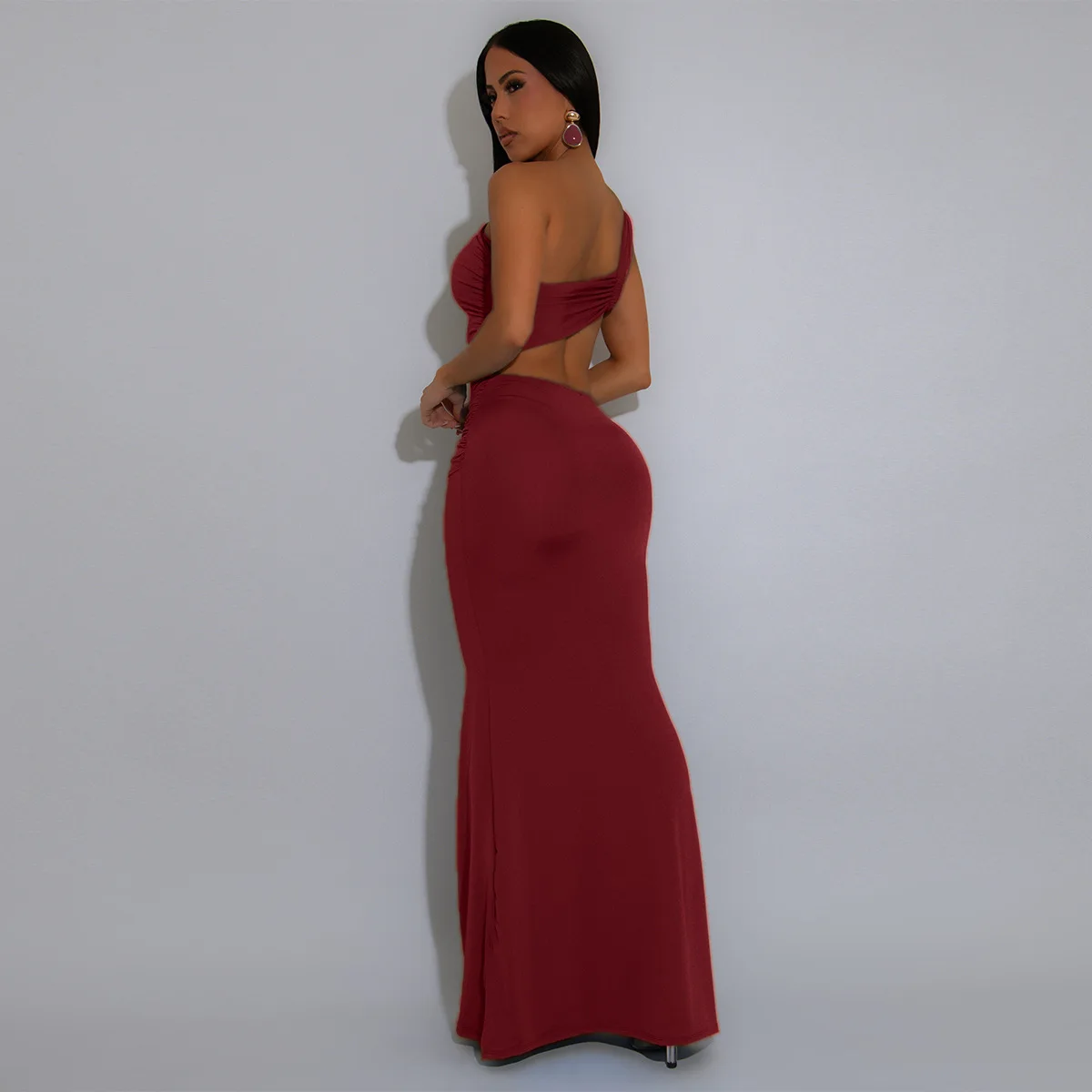 CM.YAYA Women Sleeveless One Shoulder Cutout Waist Streamer Stacked Ruched Long Maxi Dress 2025 Birthday Party Dresses Vestidos