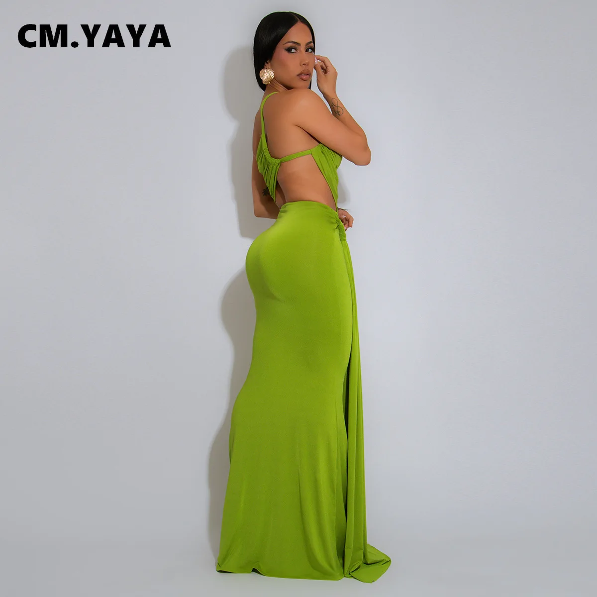 CM.YAYA Women Sleeveless One Shoulder Cutout Waist Streamer Stacked Ruched Long Maxi Dress 2025 Birthday Party Dresses Vestidos