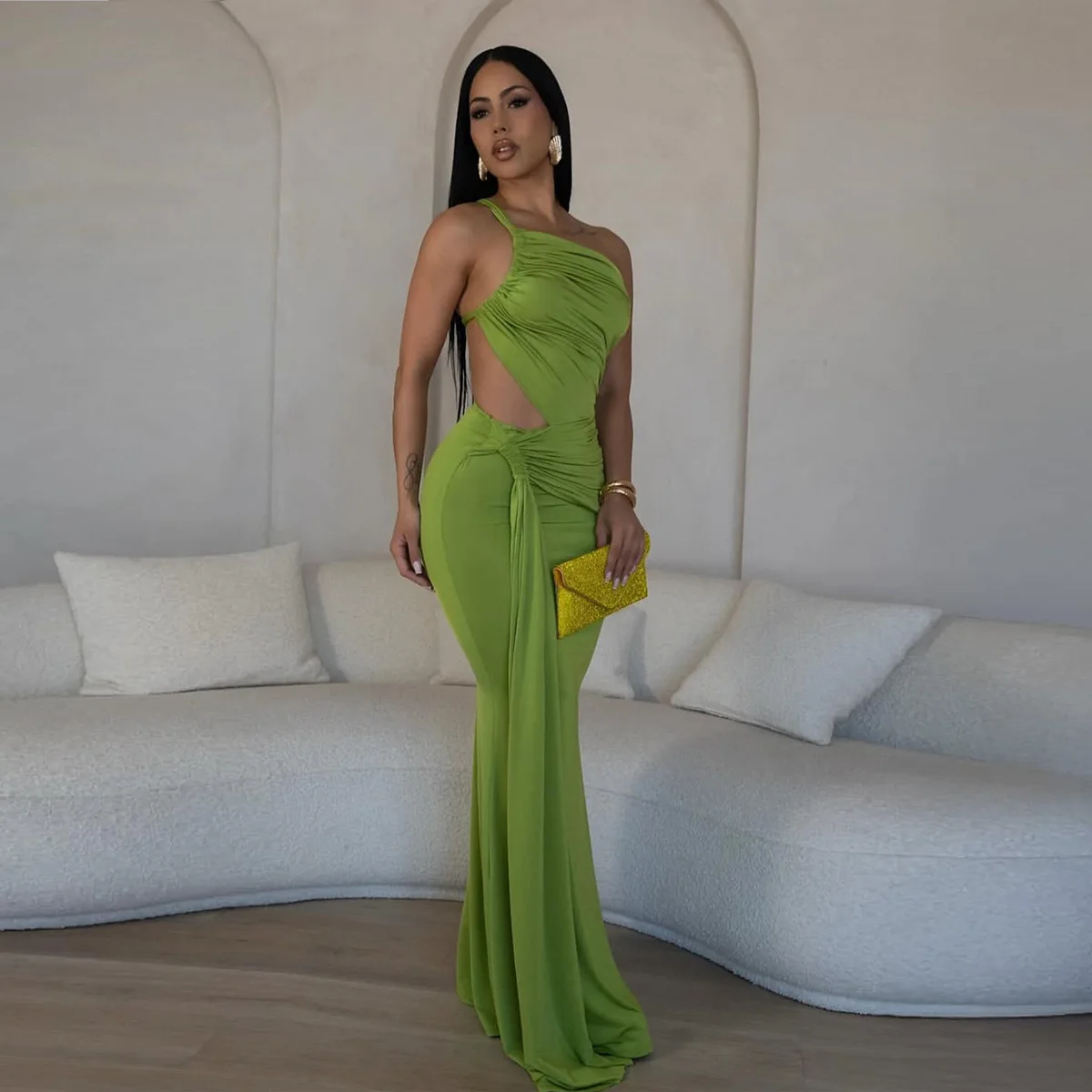 CM.YAYA Women Sleeveless One Shoulder Cutout Waist Streamer Stacked Ruched Long Maxi Dress 2025 Birthday Party Dresses Vestidos