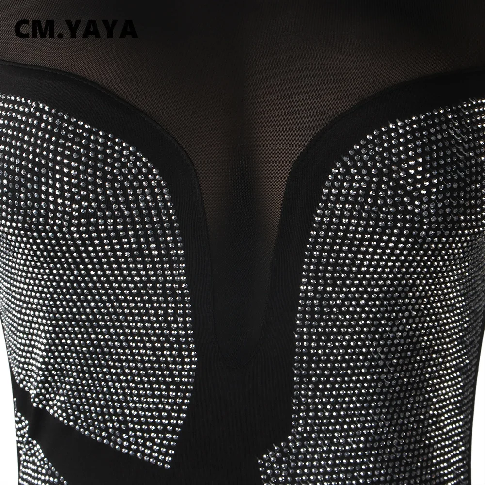 CM.YAYA Hot Rhinestones Mesh Patchwork See Though O-neck Midi Bodycon Dress  Women Sexy Club Party Night Long Sleeve Dresses