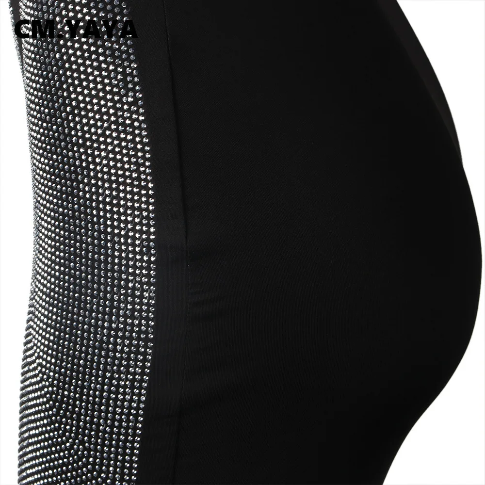 CM.YAYA Hot Rhinestones Mesh Patchwork See Though O-neck Midi Bodycon Dress  Women Sexy Club Party Night Long Sleeve Dresses
