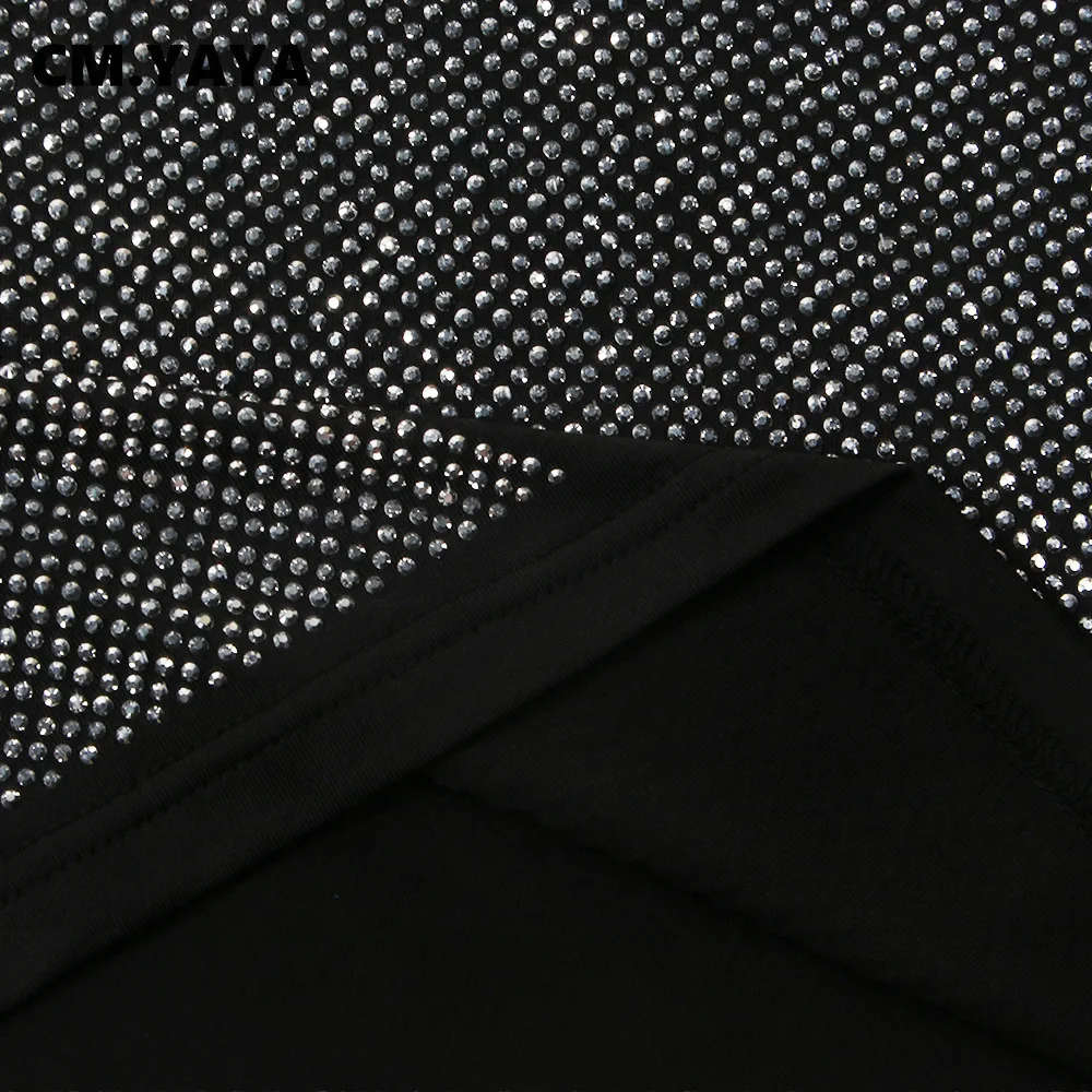 CM.YAYA Hot Rhinestones Mesh Patchwork See Though O-neck Midi Bodycon Dress  Women Sexy Club Party Night Long Sleeve Dresses