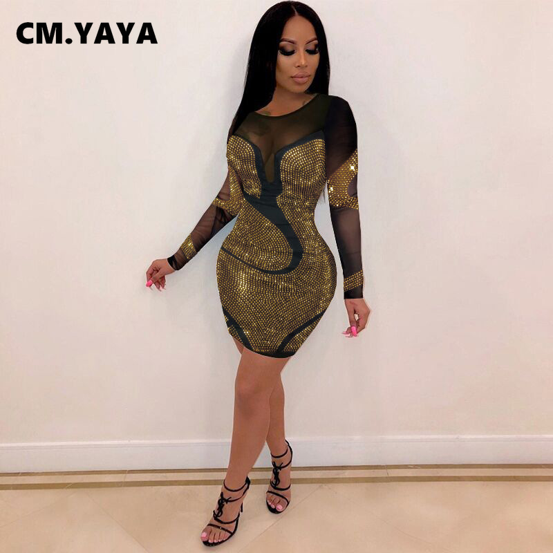 CM.YAYA Hot Rhinestones Mesh Patchwork See Though O-neck Midi Bodycon Dress  Women Sexy Club Party Night Long Sleeve Dresses