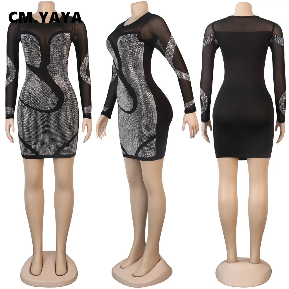 CM.YAYA Hot Rhinestones Mesh Patchwork See Though O-neck Midi Bodycon Dress  Women Sexy Club Party Night Long Sleeve Dresses