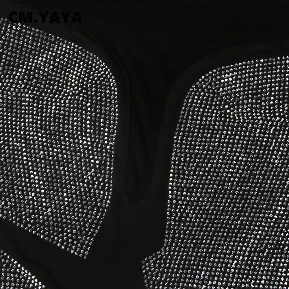 CM.YAYA Hot Rhinestones Mesh Patchwork See Though O-neck Midi Bodycon Dress  Women Sexy Club Party Night Long Sleeve Dresses