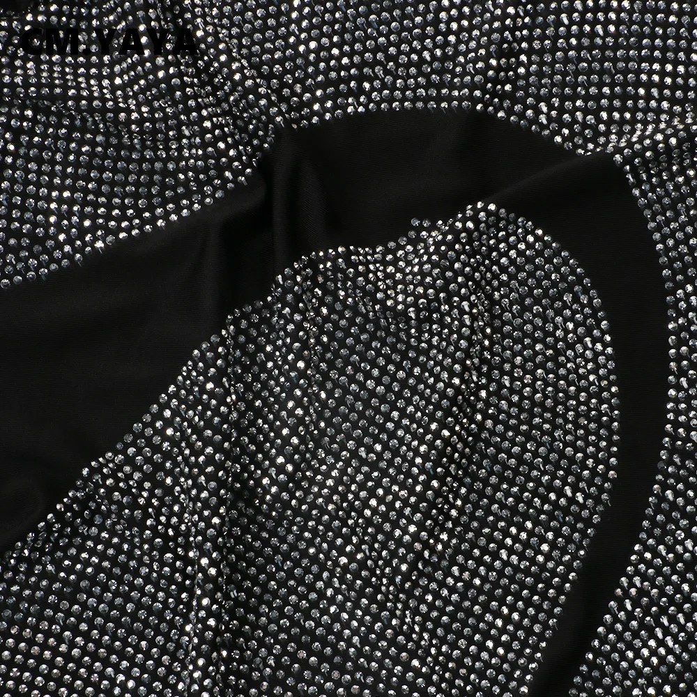 CM.YAYA Hot Rhinestones Mesh Patchwork See Though O-neck Midi Bodycon Dress  Women Sexy Club Party Night Long Sleeve Dresses