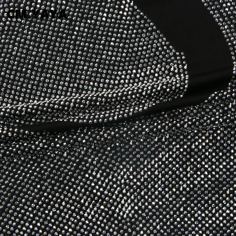 CM.YAYA Hot Rhinestones Mesh Patchwork See Though O-neck Midi Bodycon Dress  Women Sexy Club Party Night Long Sleeve Dresses