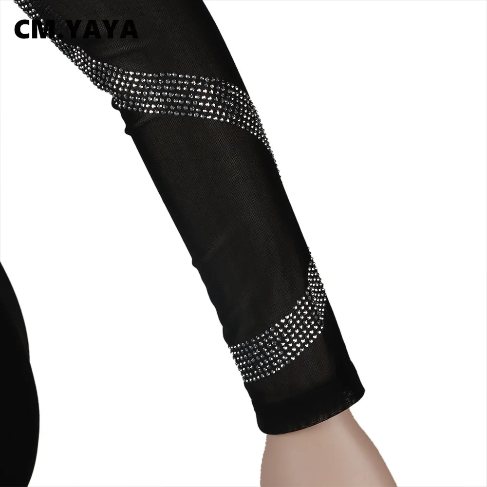 CM.YAYA Hot Rhinestones Mesh Patchwork See Though O-neck Midi Bodycon Dress  Women Sexy Club Party Night Long Sleeve Dresses