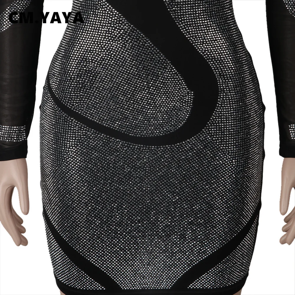CM.YAYA Hot Rhinestones Mesh Patchwork See Though O-neck Midi Bodycon Dress  Women Sexy Club Party Night Long Sleeve Dresses