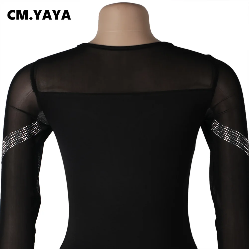 CM.YAYA Hot Rhinestones Mesh Patchwork See Though O-neck Midi Bodycon Dress  Women Sexy Club Party Night Long Sleeve Dresses