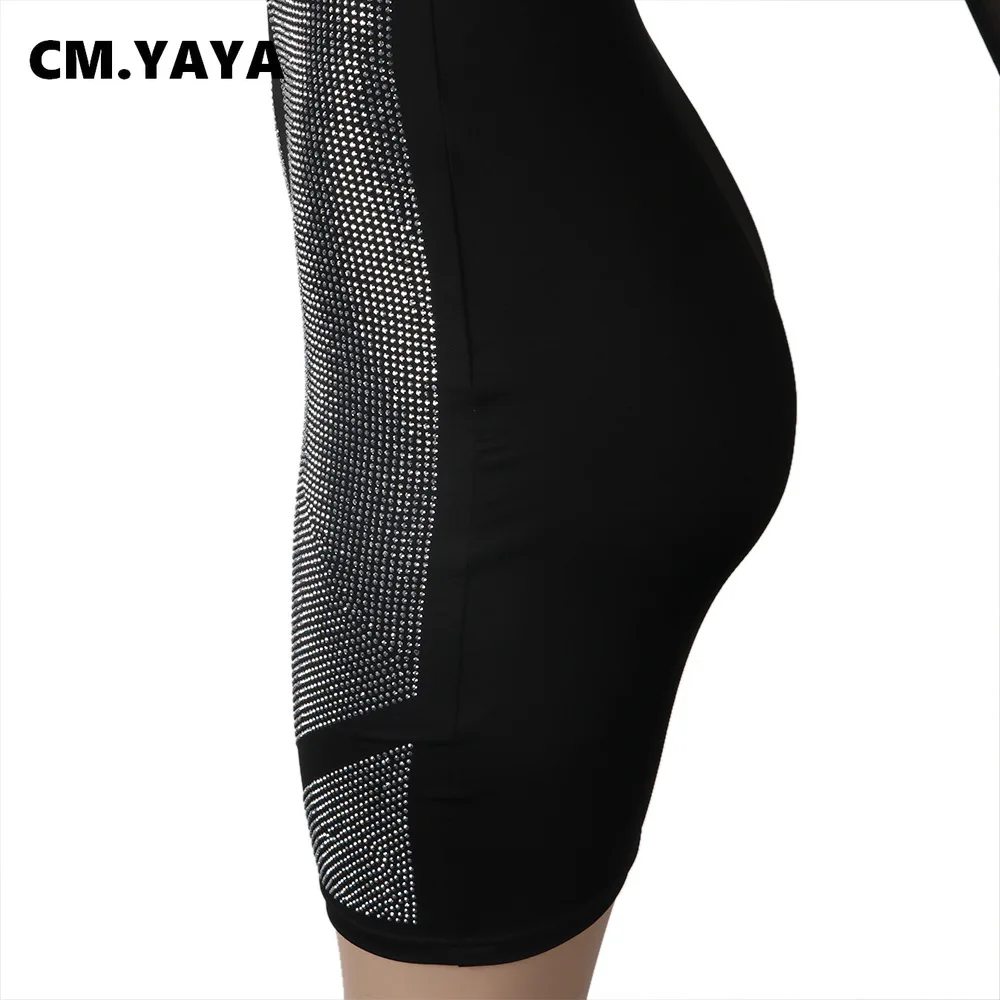 CM.YAYA Hot Rhinestones Mesh Patchwork See Though O-neck Midi Bodycon Dress  Women Sexy Club Party Night Long Sleeve Dresses