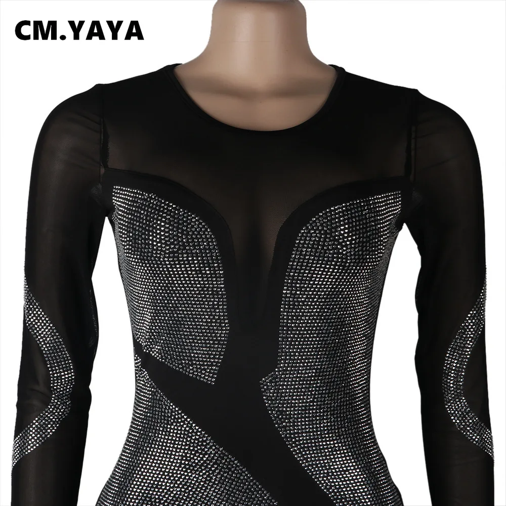CM.YAYA Hot Rhinestones Mesh Patchwork See Though O-neck Midi Bodycon Dress  Women Sexy Club Party Night Long Sleeve Dresses