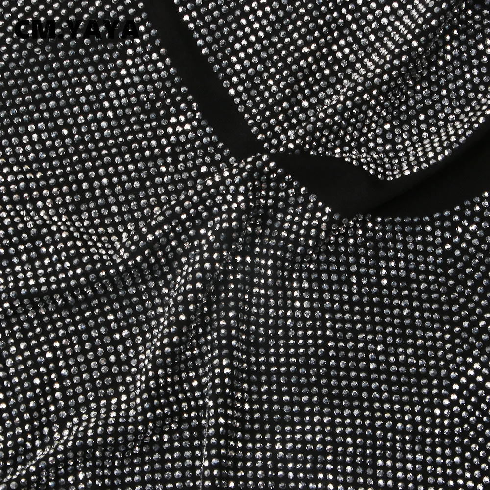 CM.YAYA Hot Rhinestones Mesh Patchwork See Though O-neck Midi Bodycon Dress  Women Sexy Club Party Night Long Sleeve Dresses