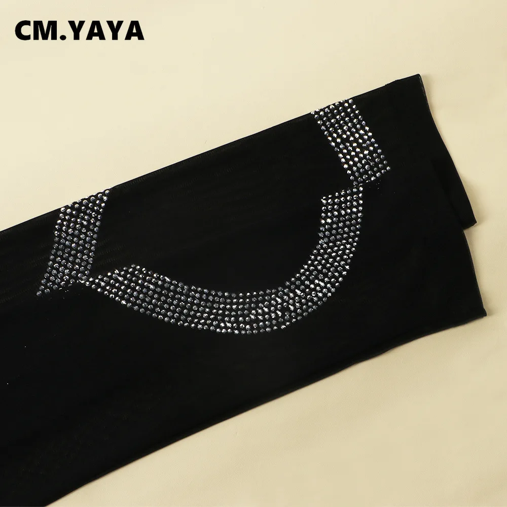 CM.YAYA Hot Rhinestones Mesh Patchwork See Though O-neck Midi Bodycon Dress  Women Sexy Club Party Night Long Sleeve Dresses