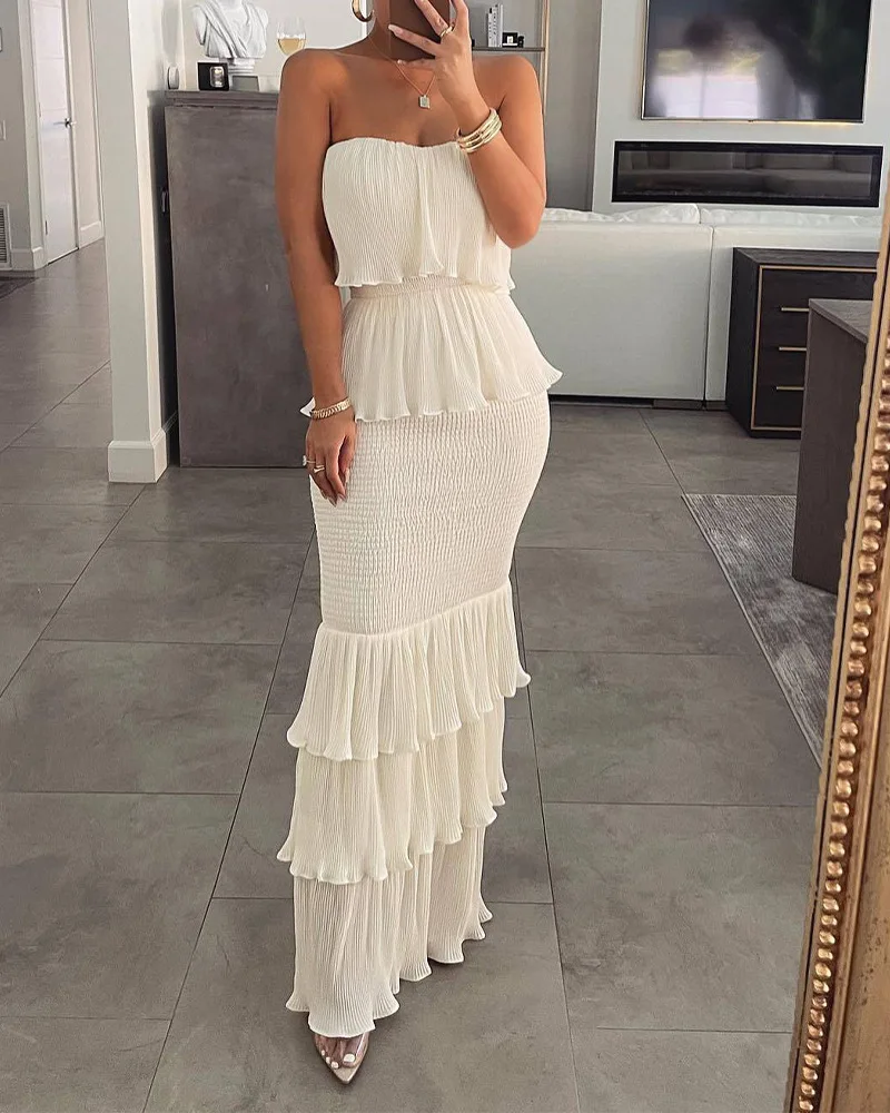 CM.YAYA Women Pleated Strapless Sleeveless Cascading Ruffles Cake Style Maxi Long Dress 2023 Summer Sexy Party Evening Dresses