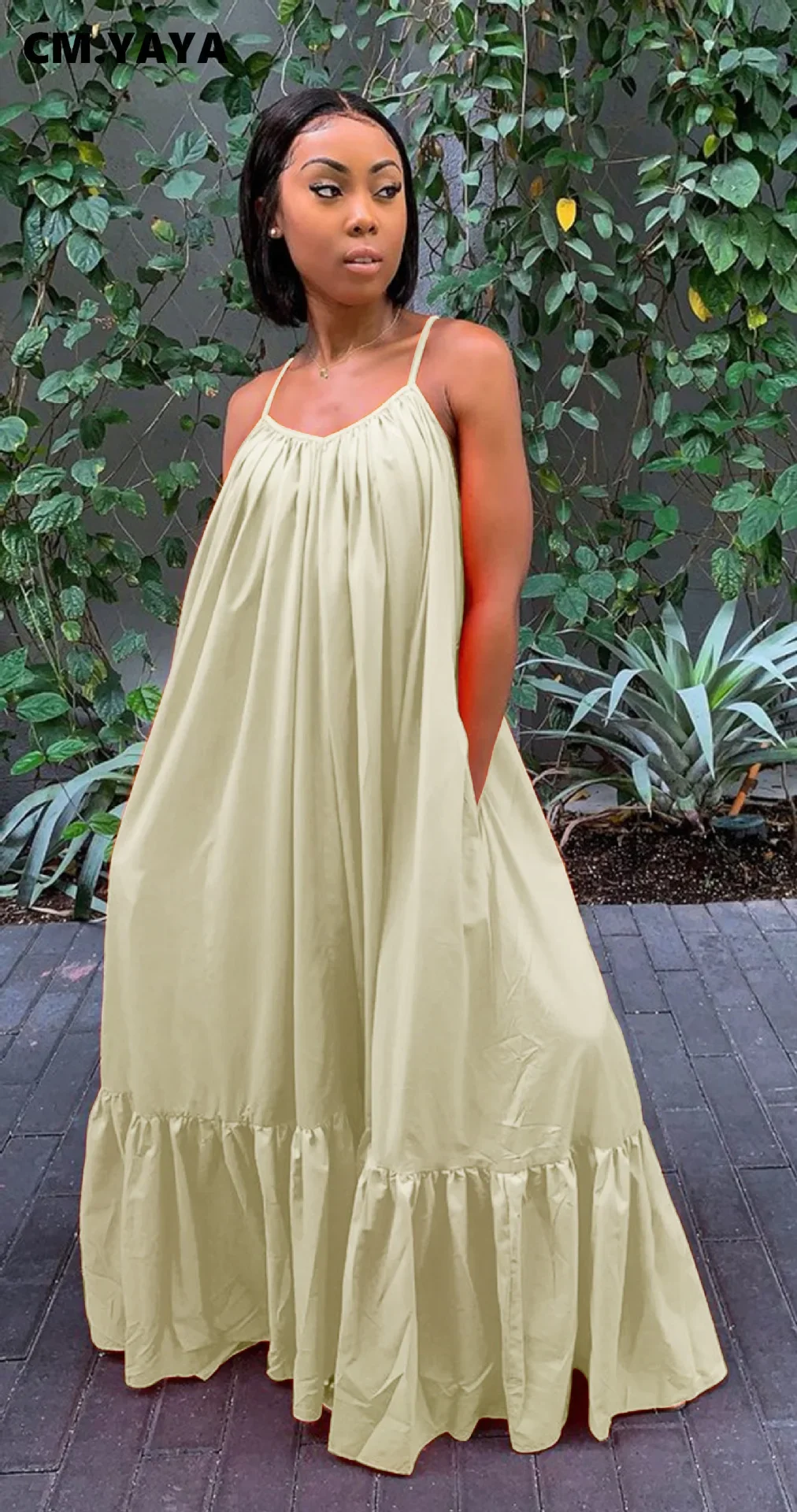 CMYAYA Women Summer Long Maxi Dress Sexy Sleeveless Strap Loose Beach Party Night Club Bandage Female S-5XL Dresses Vestido