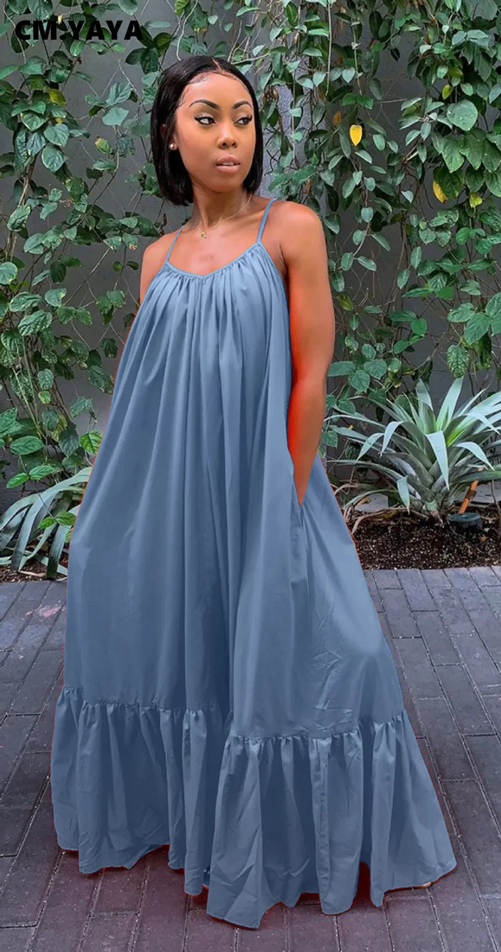 CMYAYA Women Summer Long Maxi Dress Sexy Sleeveless Strap Loose Beach Party Night Club Bandage Female S-5XL Dresses Vestido