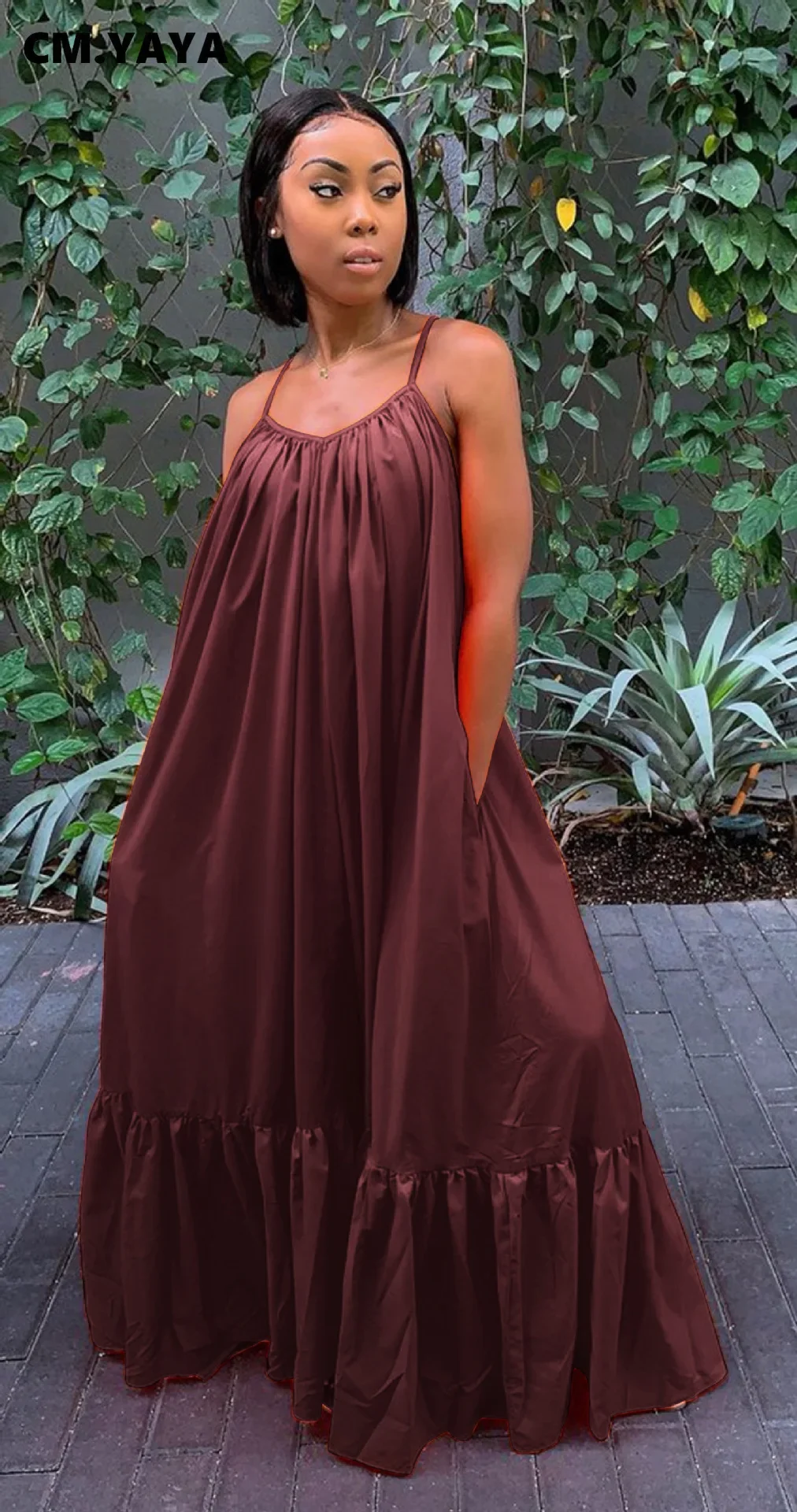 CMYAYA Women Summer Long Maxi Dress Sexy Sleeveless Strap Loose Beach Party Night Club Bandage Female S-5XL Dresses Vestido