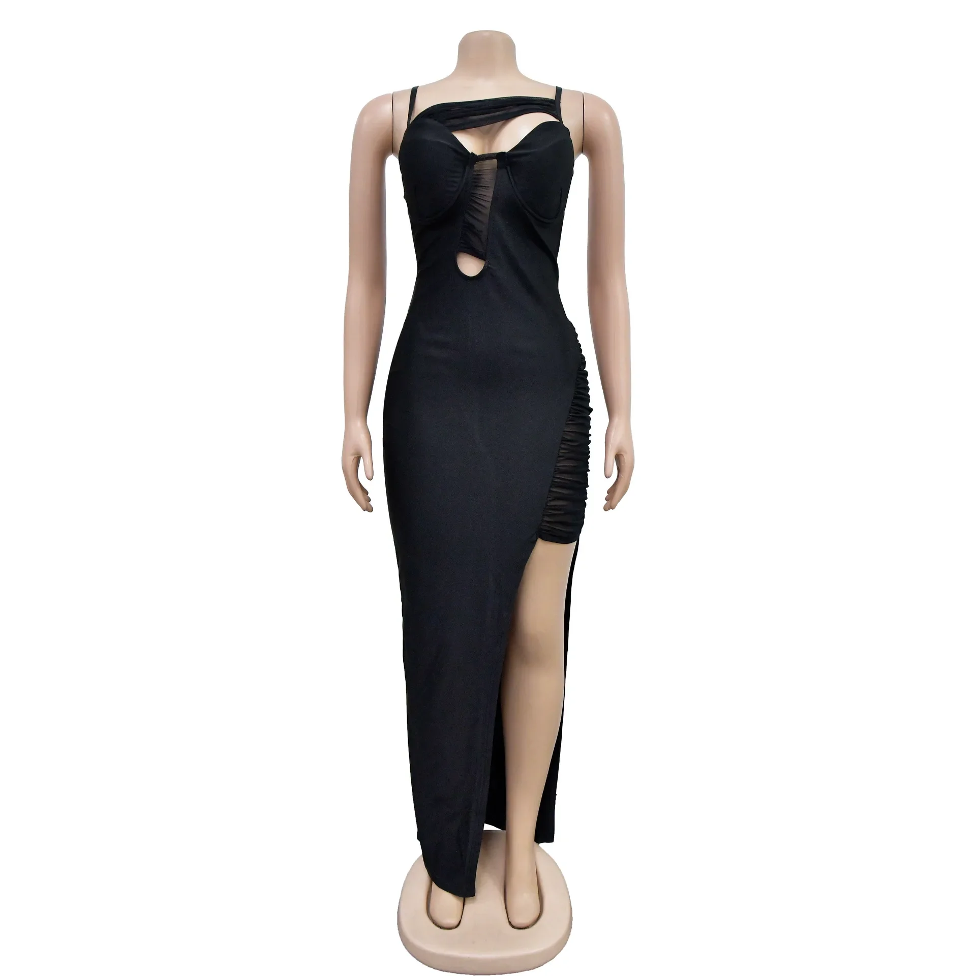 CM.YAYA Women Mesh Patchwork High Side Split Spaghetti Strap Bodycon Midi Maxi Dress 2023 Sexy Party Club Even Dresses Vestidos