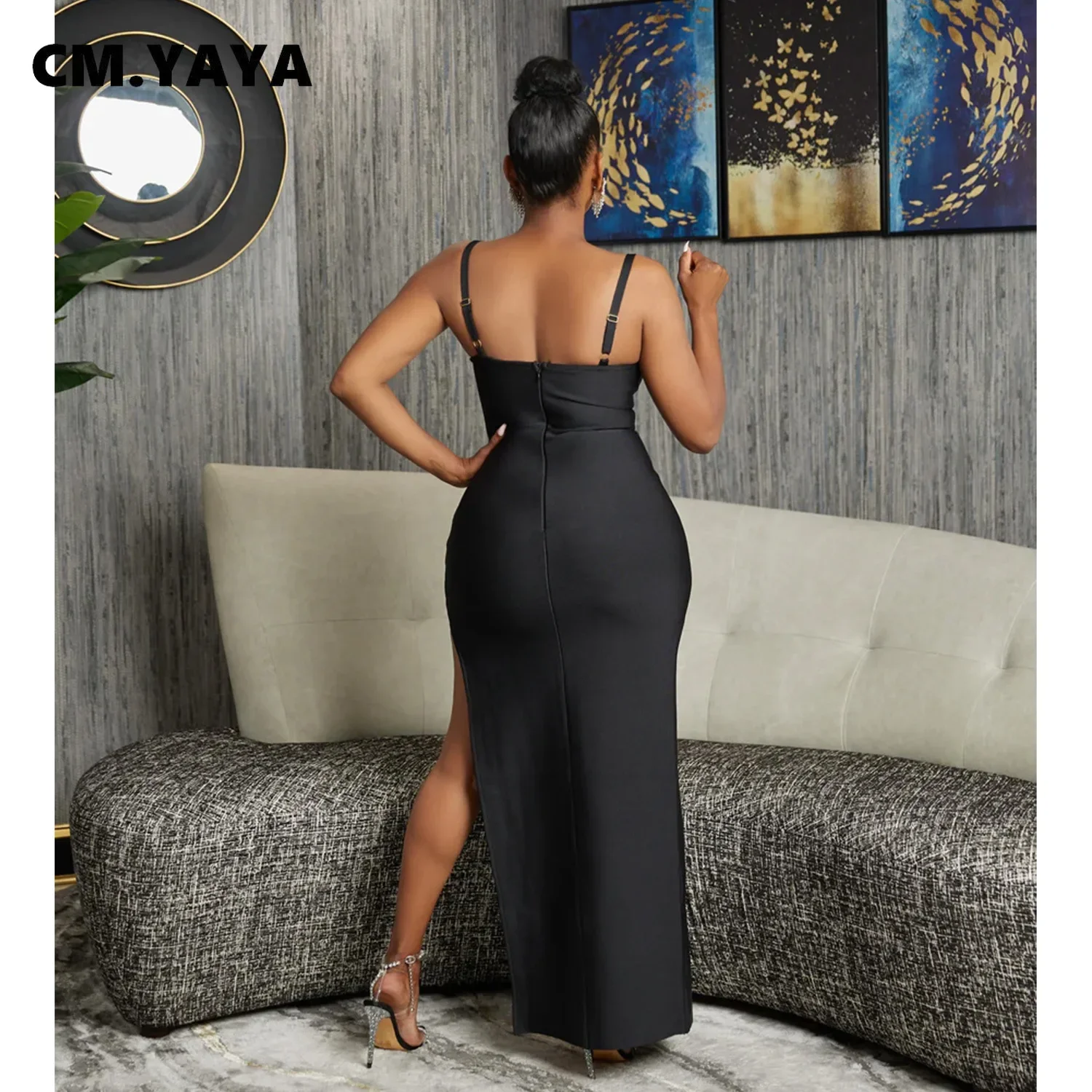 CM.YAYA Women Mesh Patchwork High Side Split Spaghetti Strap Bodycon Midi Maxi Dress 2023 Sexy Party Club Even Dresses Vestidos