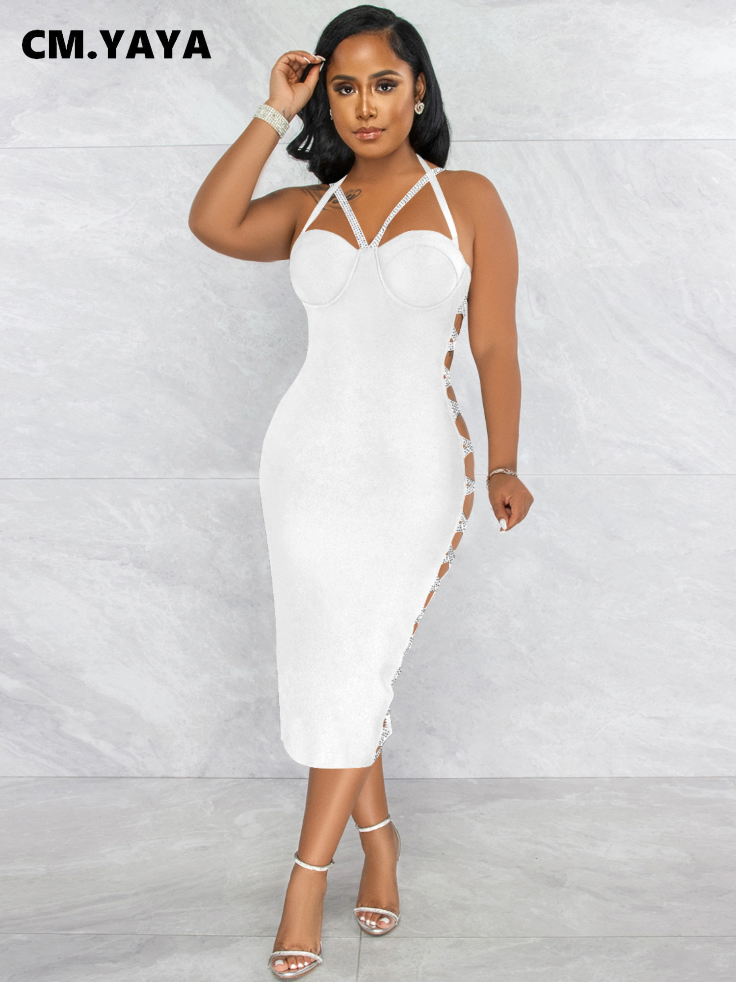 CM.YAYA Women Summer 2022 New Sexy Party Evening Sleeveless Backless Halter Neck Bodycon Midi Dress Lace Up Bandage Dresses