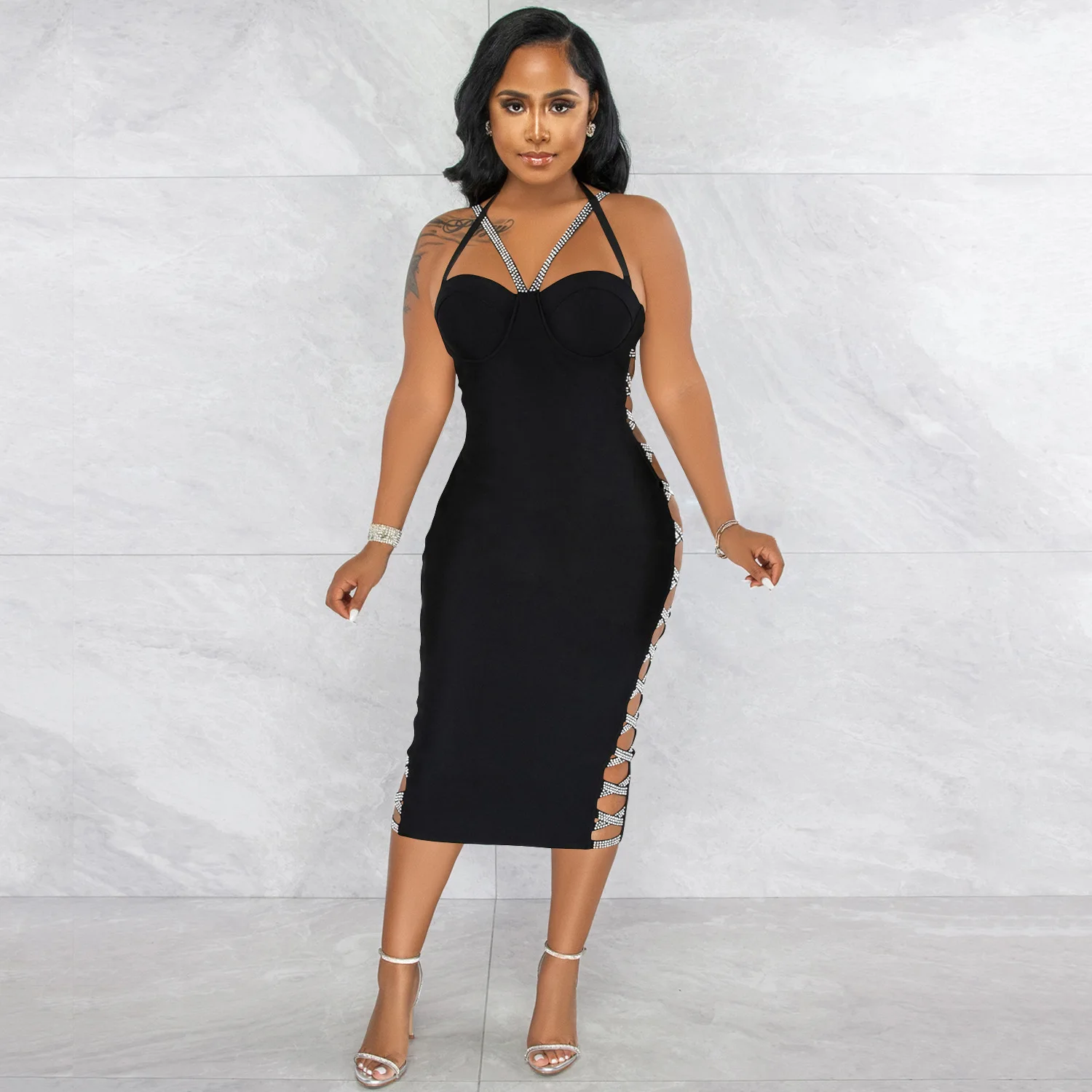 CM.YAYA Women Summer 2022 New Sexy Party Evening Sleeveless Backless Halter Neck Bodycon Midi Dress Lace Up Bandage Dresses