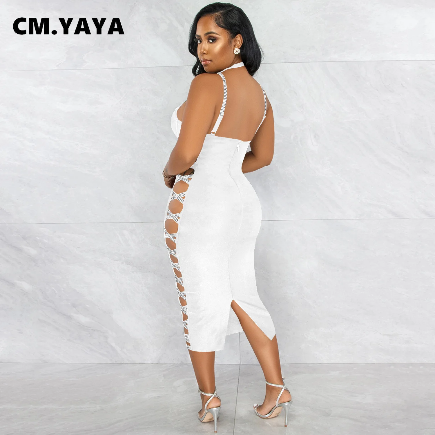 CM.YAYA Women Summer 2022 New Sexy Party Evening Sleeveless Backless Halter Neck Bodycon Midi Dress Lace Up Bandage Dresses