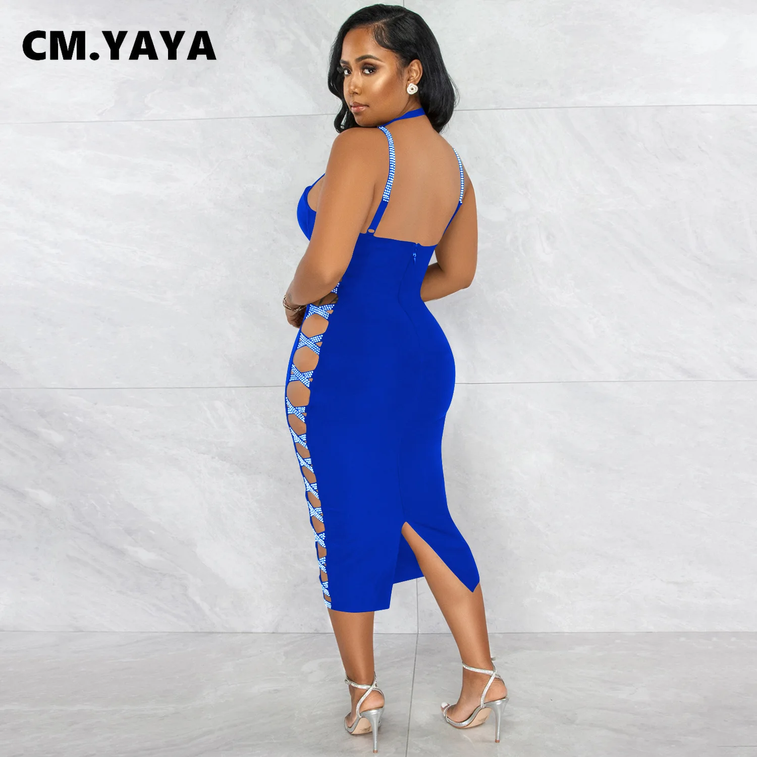 CM.YAYA Women Summer 2022 New Sexy Party Evening Sleeveless Backless Halter Neck Bodycon Midi Dress Lace Up Bandage Dresses