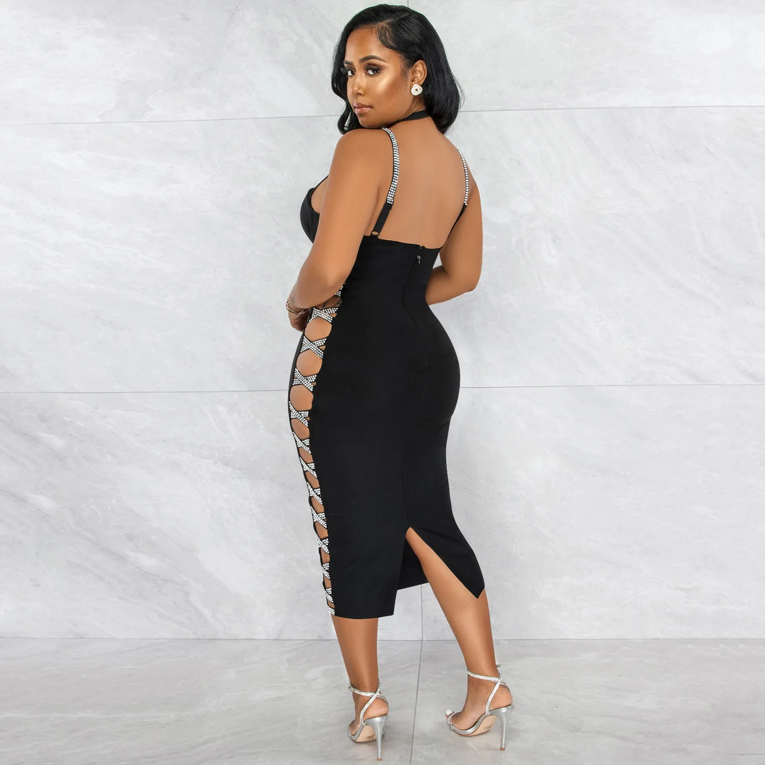 CM.YAYA Women Summer 2022 New Sexy Party Evening Sleeveless Backless Halter Neck Bodycon Midi Dress Lace Up Bandage Dresses